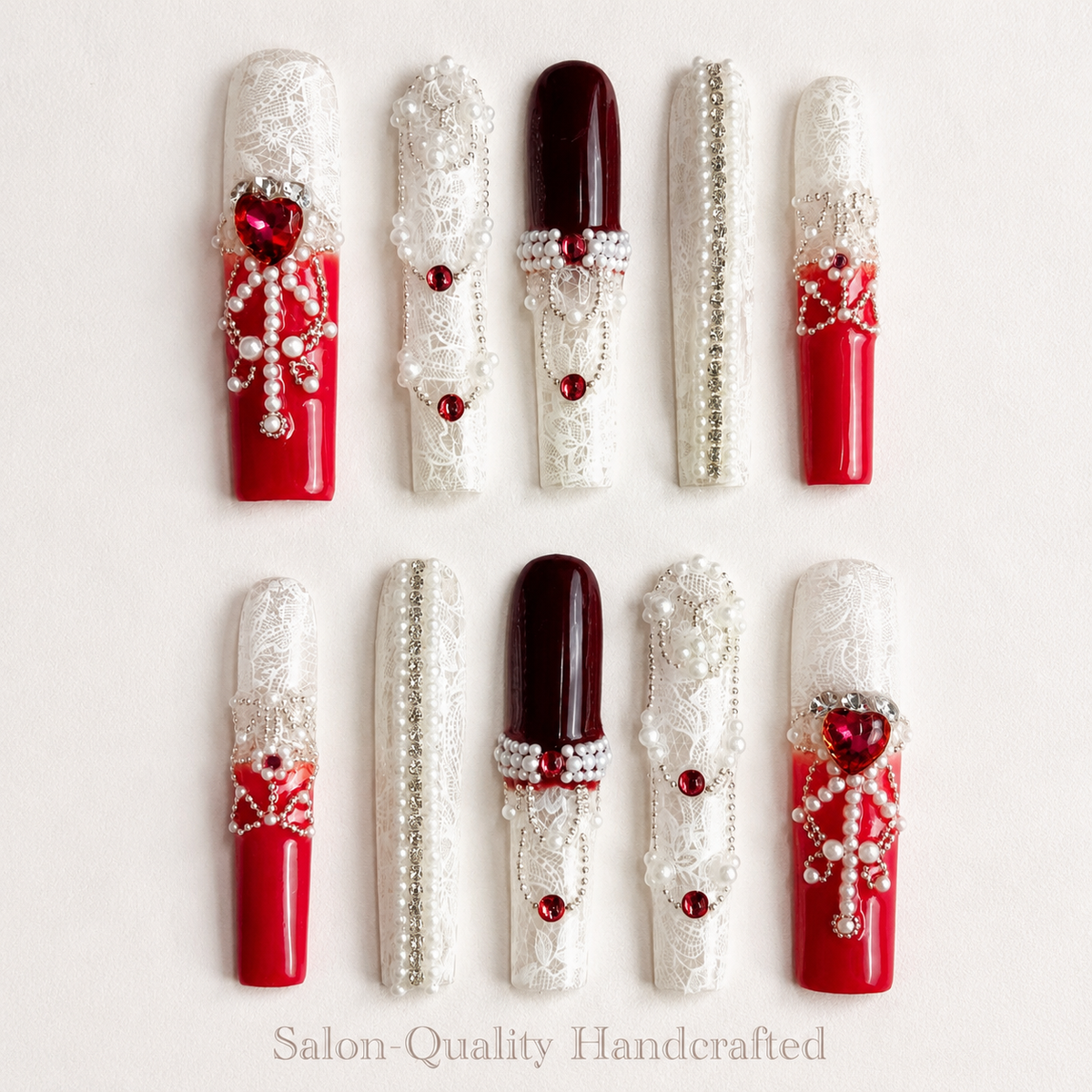 Medium Square Press On Nails - Red bow design nails, 3d rhine...