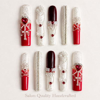 Medium Square Press On Nails - Red bow design nails, 3d rhine...