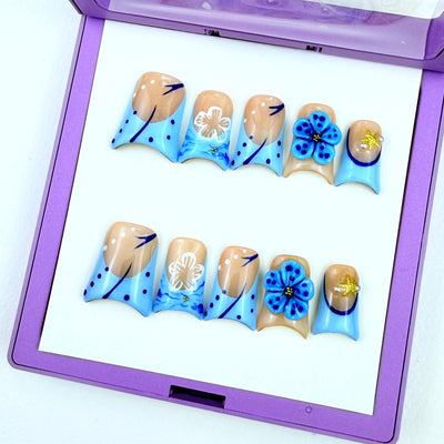 Duck Press On Nails - Nude base, light blue french tips, polka dots...