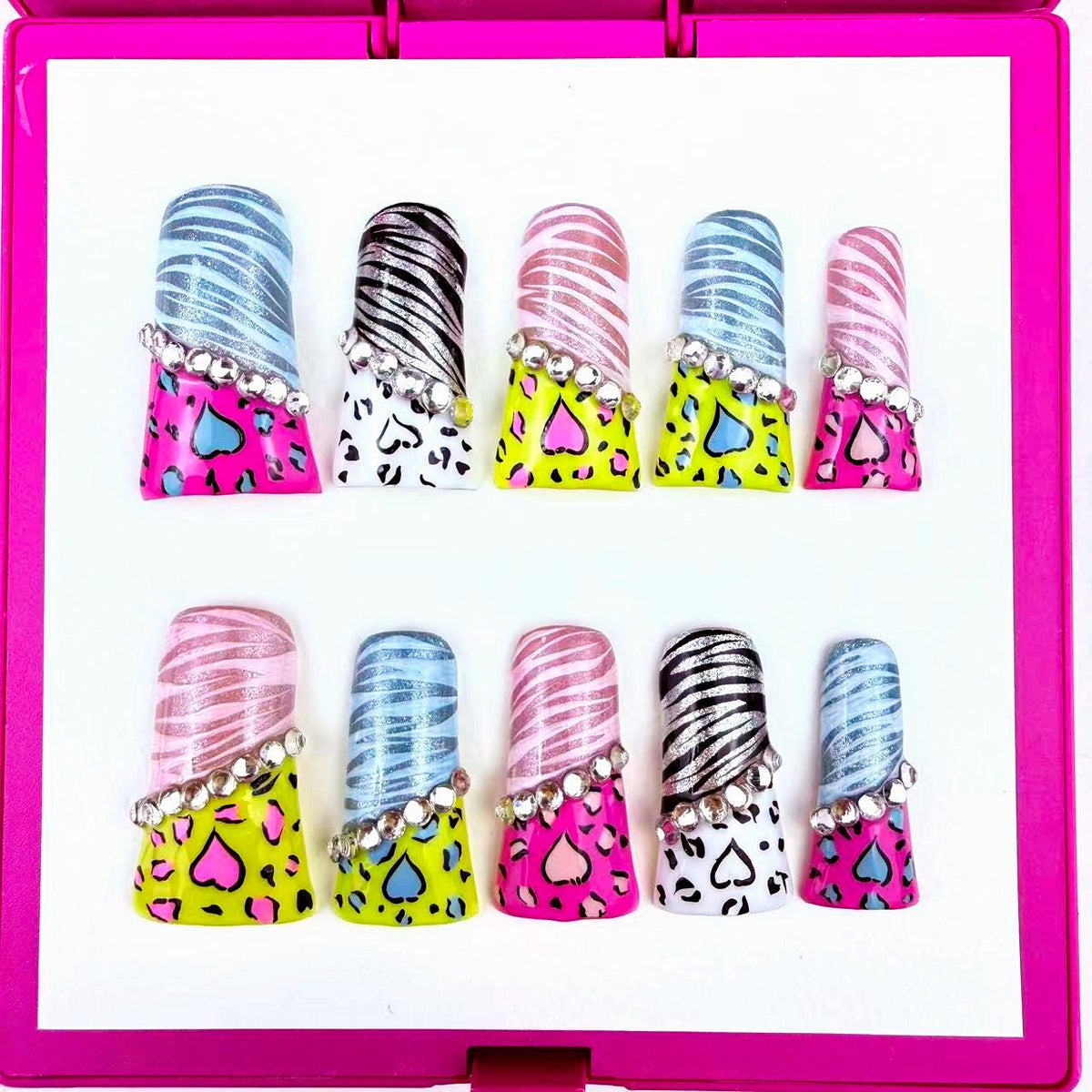 Duck Press On Nails - Rainbow marble design, rhinestone gemstone decor