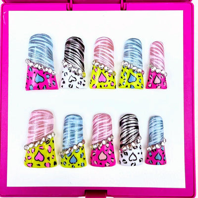 Duck Press On Nails - Rainbow marble design, rhinestone gemstone decor