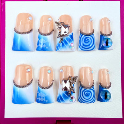 Duck Press On Nails - Nude rhinestone design, 3d crystal heart gems