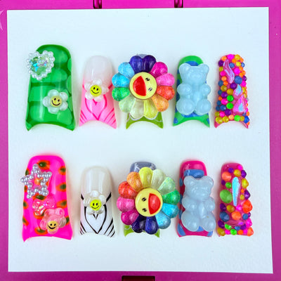 Duck Press On Nails - Blue crystal design, rhinestone heart gems