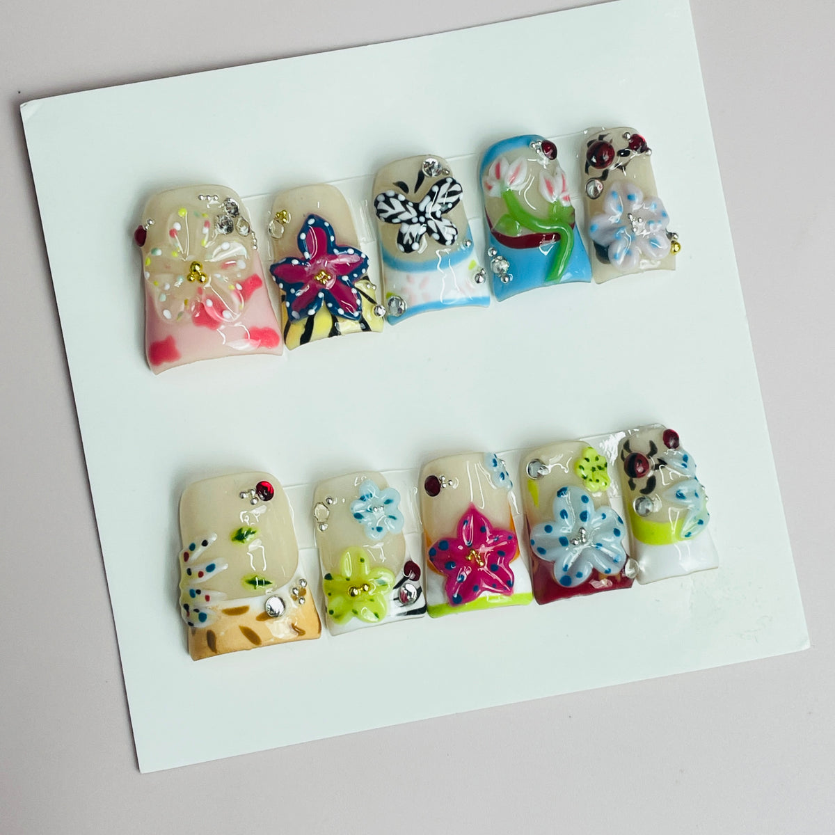 Duck Press On Nails - Milky beige, zebra print, colorful french tip...