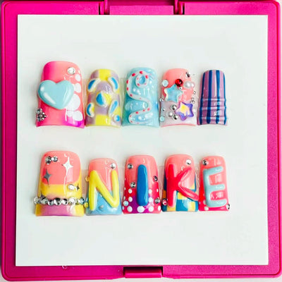 Duck Press On Nails - Y2k pink blue yellow purple checkerboard stri...