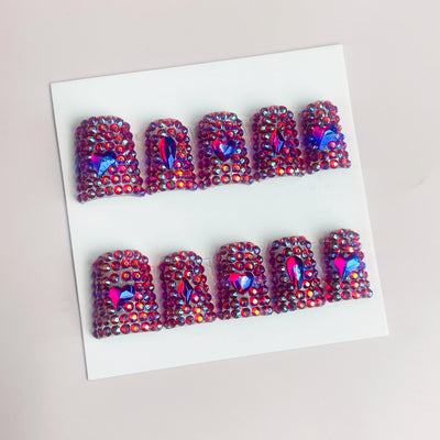 Duck Press On Nails - Magenta purple iridescent rhinestone, 3d hear...