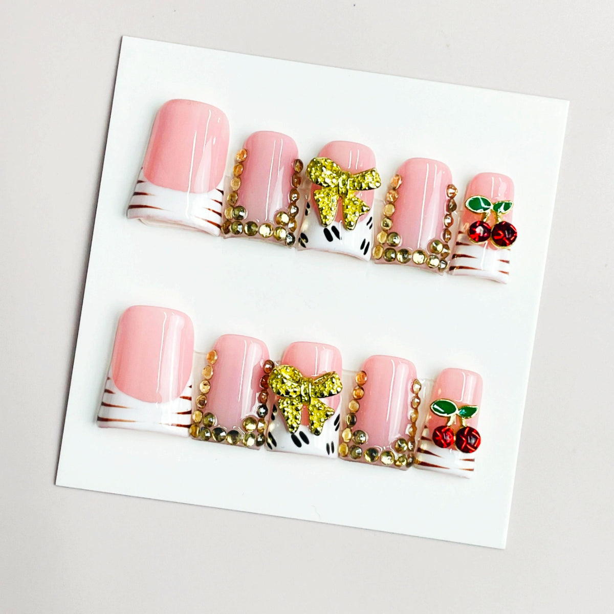 Duck Press On Nails - Pink french tips, white stripe dalmatian dots...