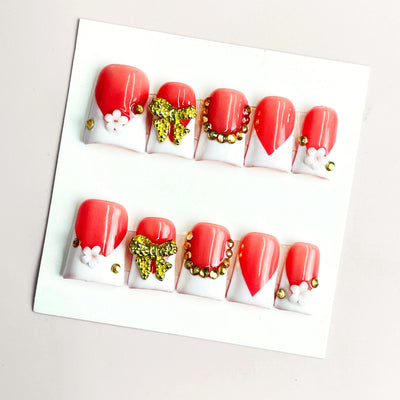 Duck Press On Nails - Coral white color block, gold glitter bows, w...