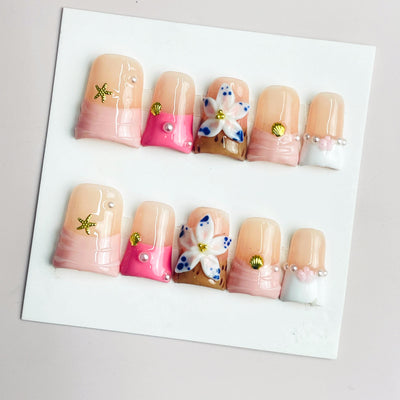 Duck Press On Nails - Tropical beach fake nails, peach pink tips, p...