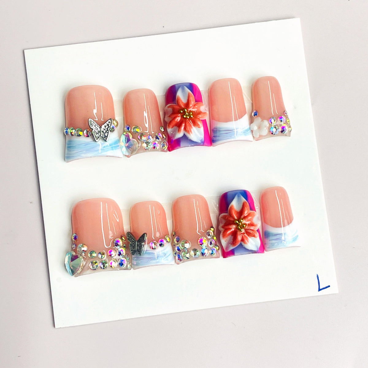 Duck Press On Nails - Peach base, blue white marble french tips, ma...