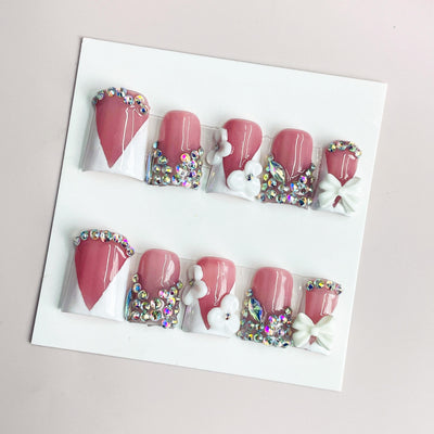 Duck Press On Nails - Dusty pink, white v-cut tips, iridescent rhin...