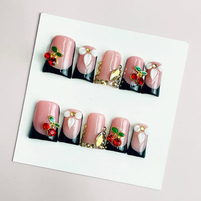 Duck Press On Nails - Nude pink base, black french tips, 3d crystal...