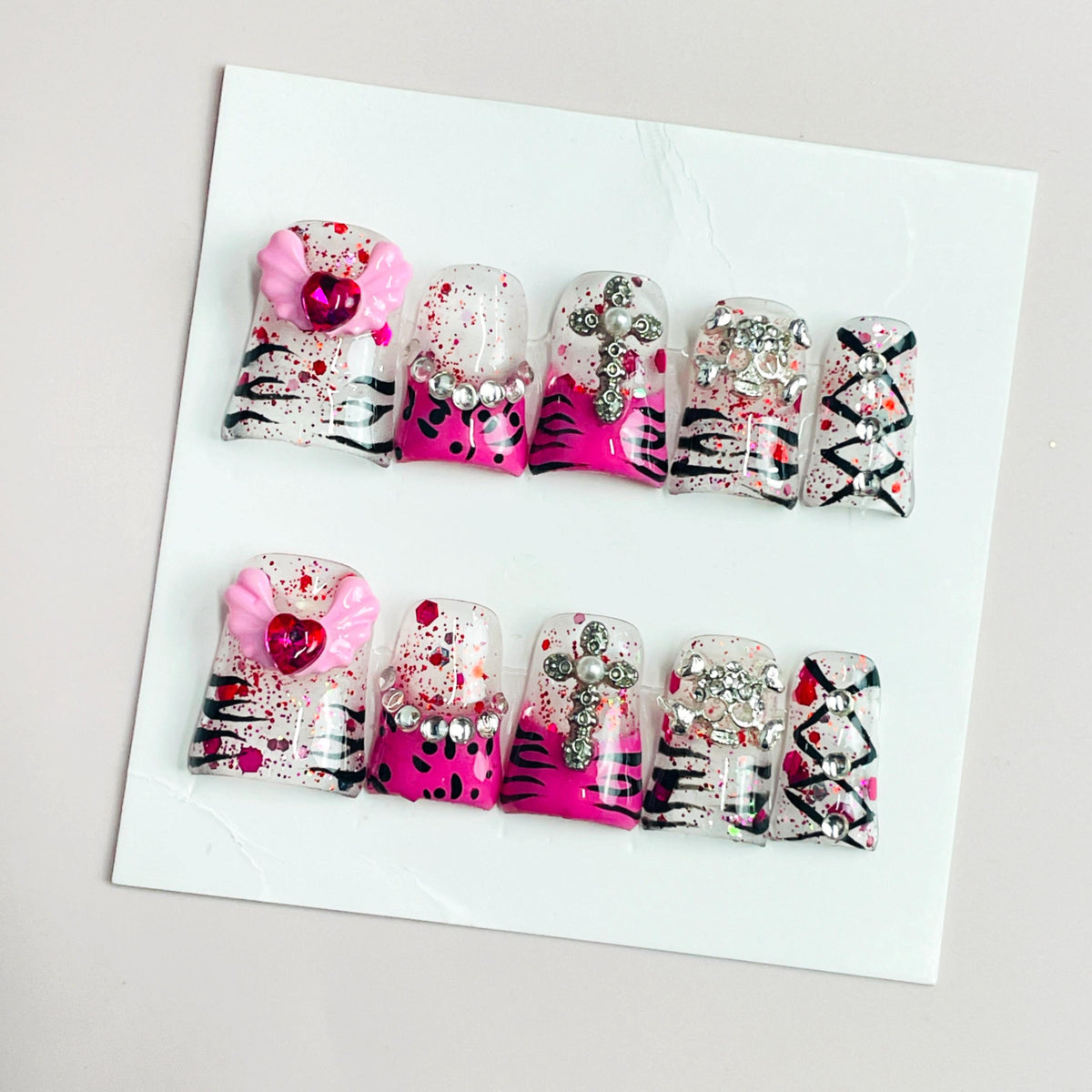 Duck Press On Nails - Y2k red splatter clear base, hot pink accent...