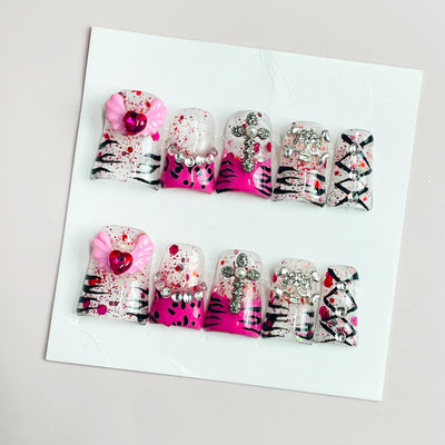 Duck Press On Nails - Y2k red splatter clear base, hot pink accent...