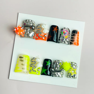 Duck Press On Nails - Neon orange yellow black silver, star striped...