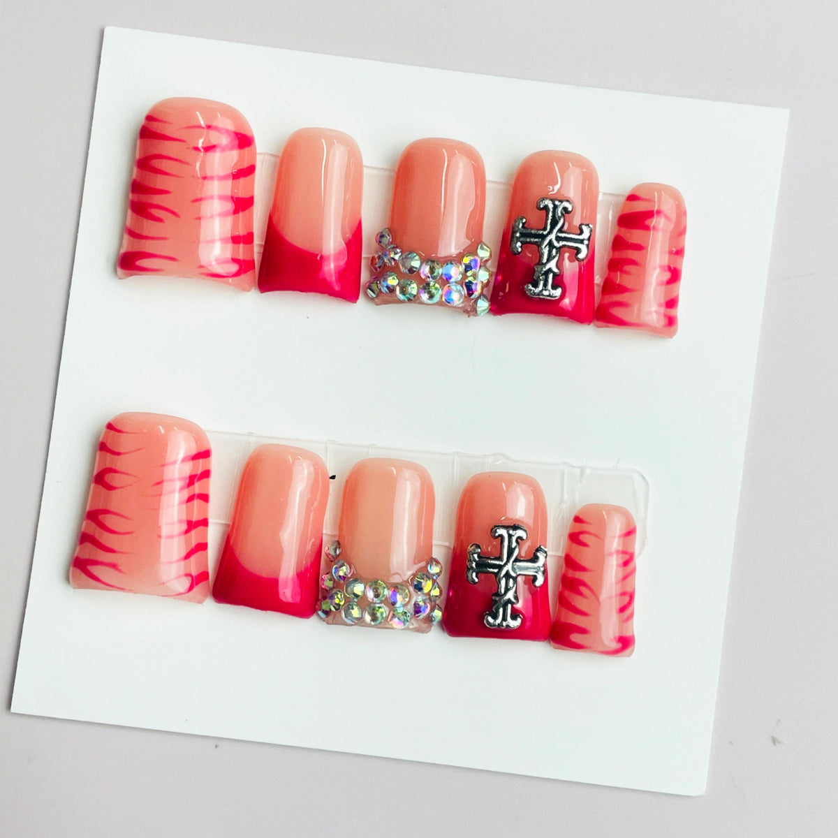 Duck Press On Nails - Peach pink tiger stripe french tips, rhinesto...