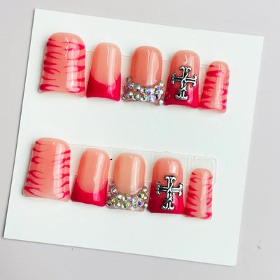 Duck Press On Nails - Peach pink tiger stripe french tips, rhinesto...