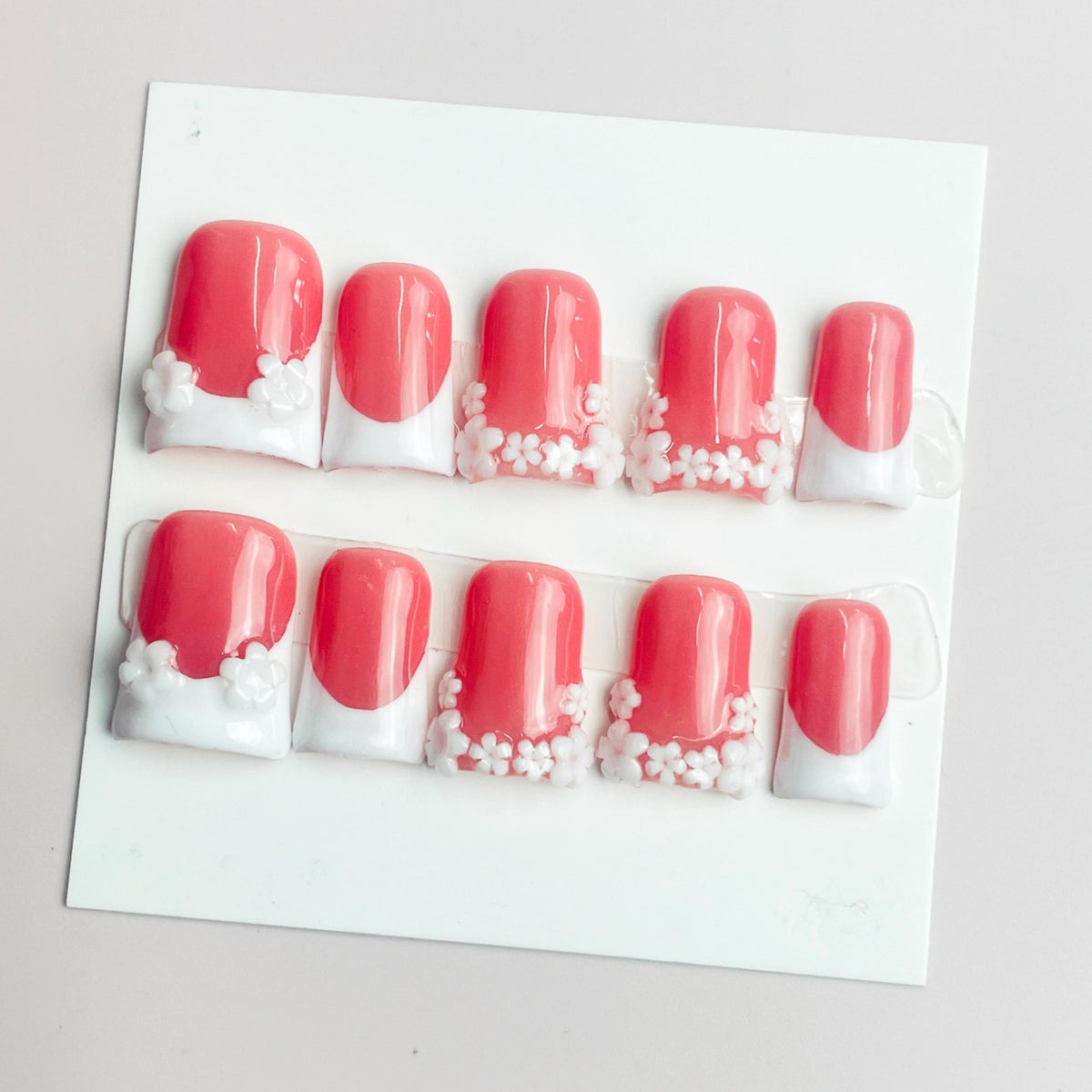 Duck Press On Nails - Orange ombre design, 3d flower rhinestone charms