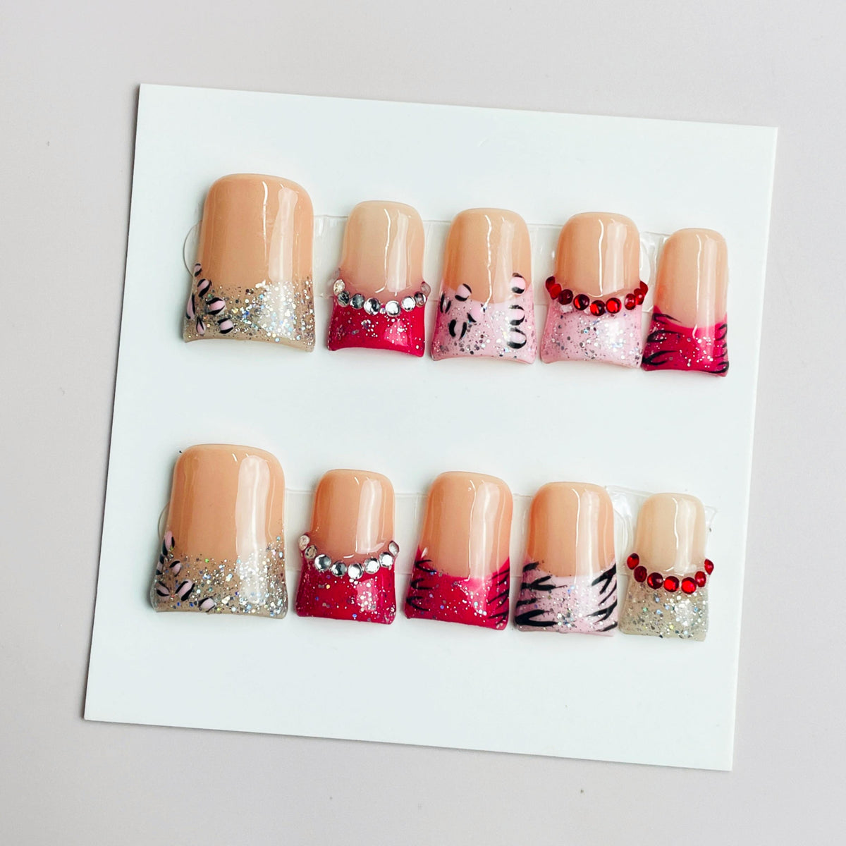 Duck Press On Nails - Purple french tip design, 3d crystal flower gems