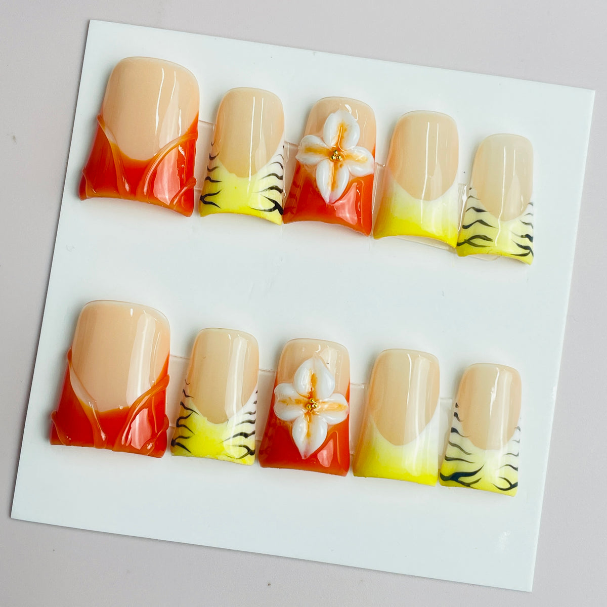 Duck Press On Nails - Orange ombre design, 3d flower rhinestone charms