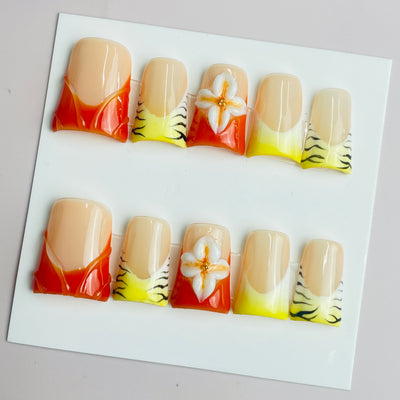 Duck Press On Nails - Orange ombre design, 3d flower rhinestone charms