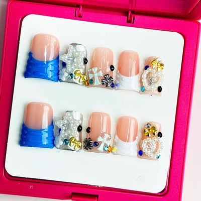 Duck Press On Nails - Pink glitter design, 3d bow rhinestone charms