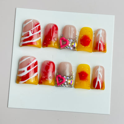 Duck Press On Nails - Blue crystal design, rhinestone heart gems