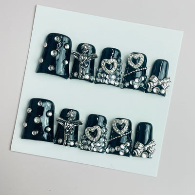 Duck Press On Nails - Pink rhinestone design, 3d crystal gems, glos...