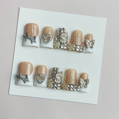 Duck Press On Nails - Rainbow glitter design, rhinestone flower acc...
