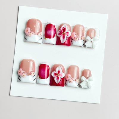 Duck Press On Nails - Nude rhinestone design, 3d crystal heart gems