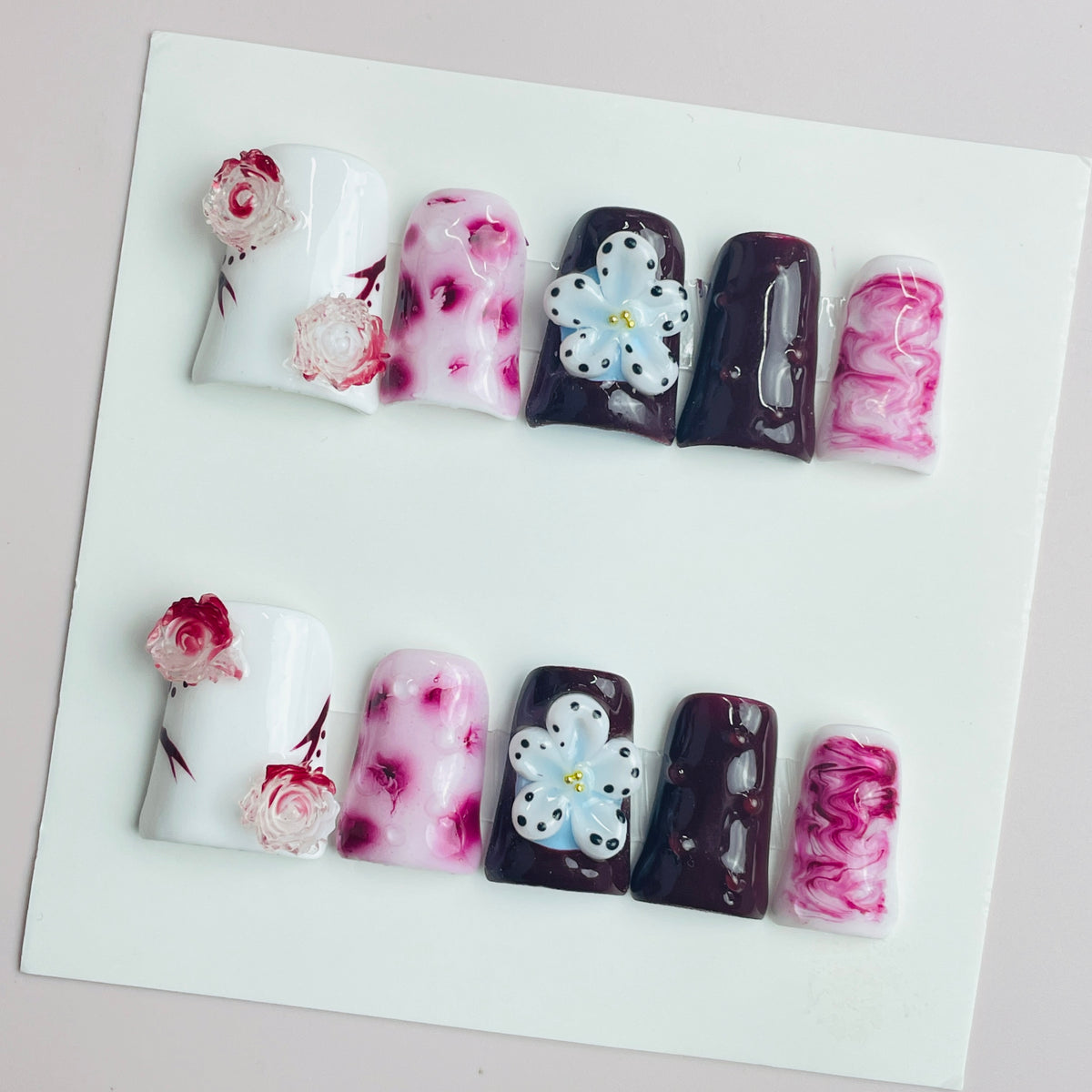Duck Press On Nails - Pink pearl design, rhinestone crystal flower...