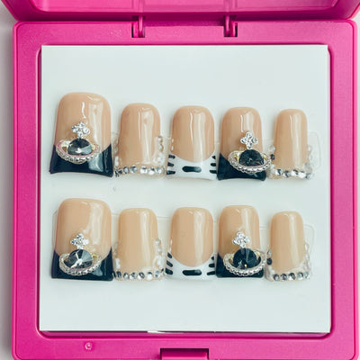 Duck Press On Nails - White glitter design, rhinestone daisy flower...
