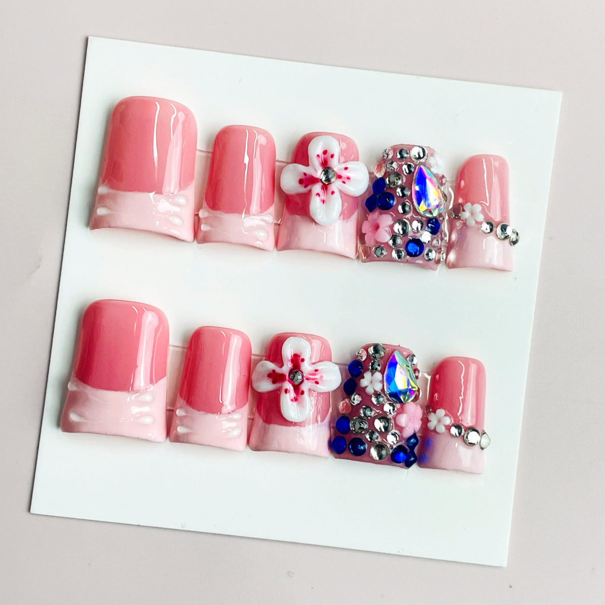 Duck Press On Nails - White pearl design, rhinestone flower cuticle...