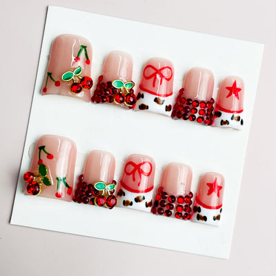 Duck Press On Nails - White pearl design, rhinestone flower cuticle...