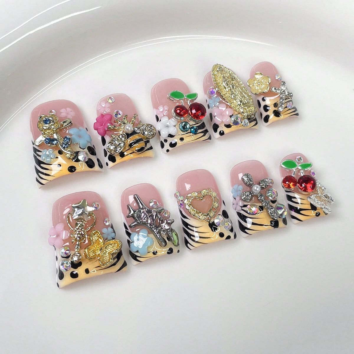 Duck Press On Nails - Purple glitter design, rhinestone star cuticl...