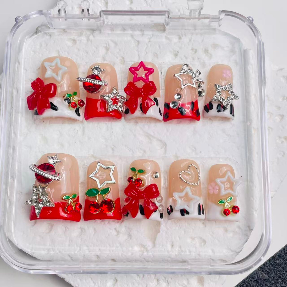 Duck Press On Nails - Pink rhinestone design, 3d crystal gems, glos...
