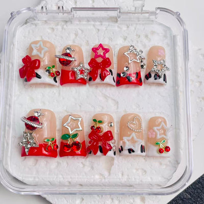 Duck Press On Nails - Pink rhinestone design, 3d crystal gems, glos...