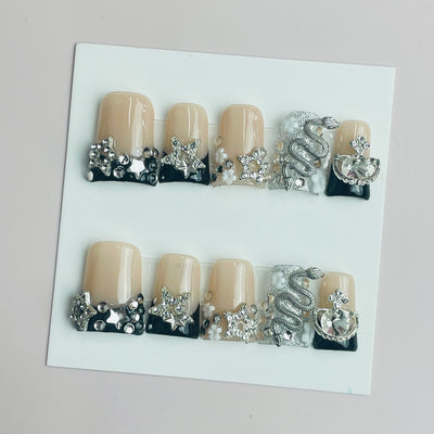 Duck Press On Nails - Pink crystal design, rhinestone butterfly acc...