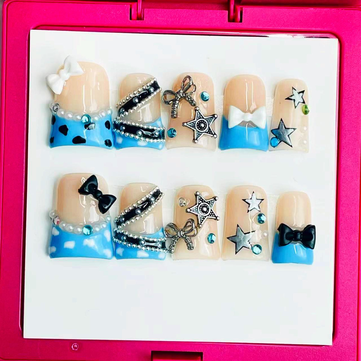 Duck Press On Nails - Black glossy design, rhinestone gem accents