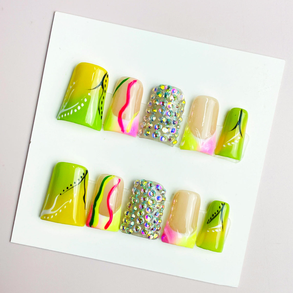 Duck Press On Nails - Pink rhinestone design, 3d crystal gems, glos...