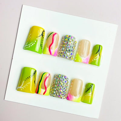 Duck Press On Nails - Pink rhinestone design, 3d crystal gems, glos...