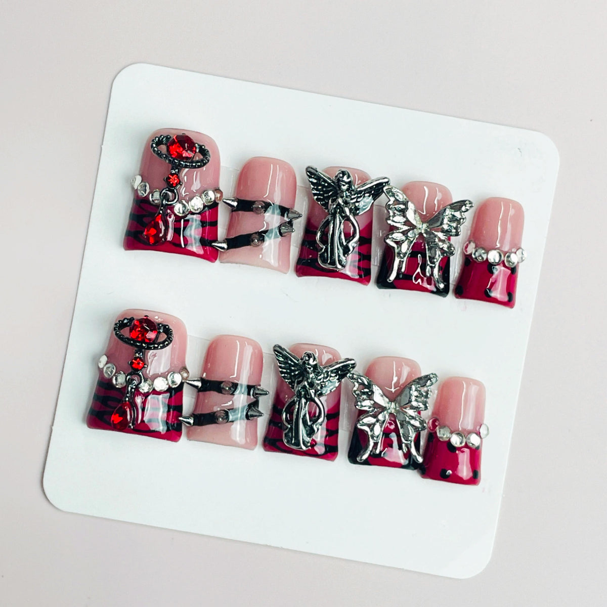 Duck Press On Nails - Blue crystal design, rhinestone heart gems