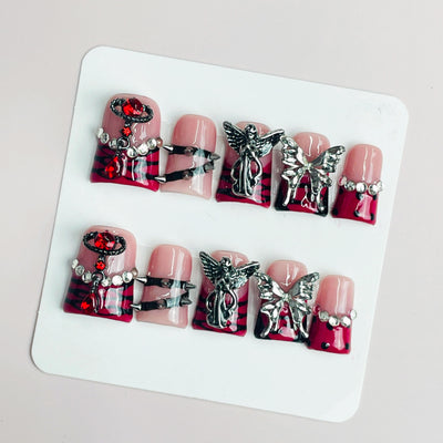 Duck Press On Nails - Blue crystal design, rhinestone heart gems