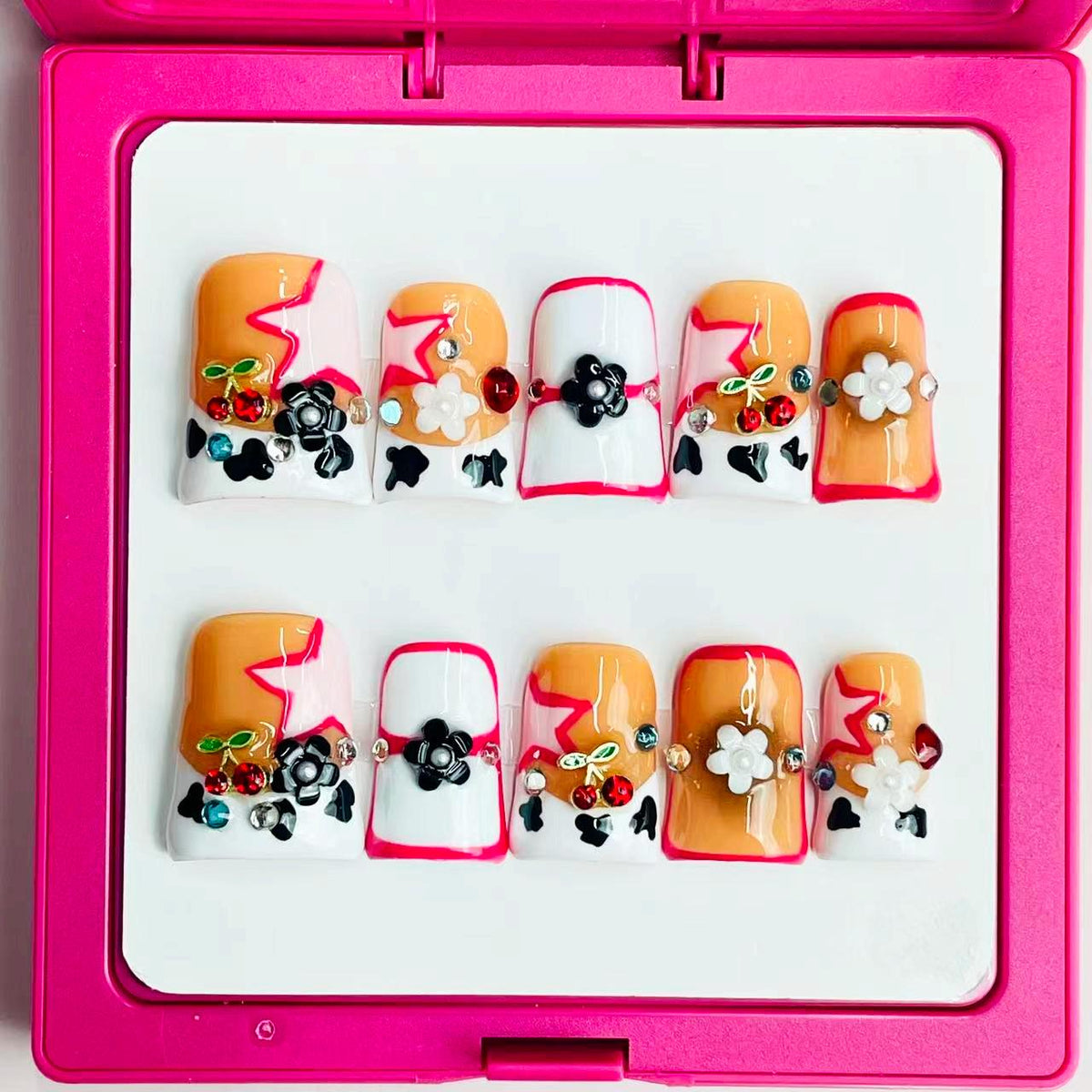 Duck Press On Nails - Blue pearl heart design, rhinestone crystal d...