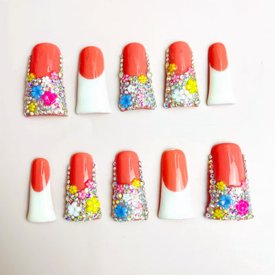 Duck Press On Nails - Pink rhinestone design, 3d crystal gems, glos...