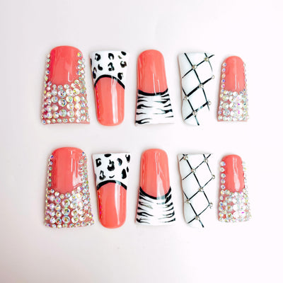 Duck Press On Nails - Red glitter design, rhinestone lotus flower c...