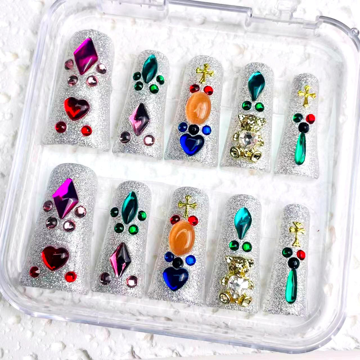 Duck Press On Nails - Rainbow glitter design, rhinestone flower acc...