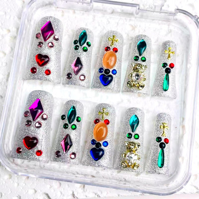 Duck Press On Nails - Rainbow glitter design, rhinestone flower acc...