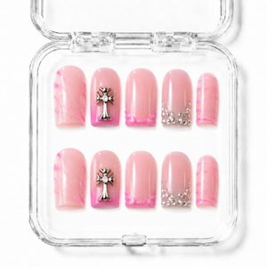 GAGUGAGU Pink Crystal Cross Press-On Nails for Concert Nights, Glossy False Nails for Birthday Party, Date Night and Weekend Style, S M L