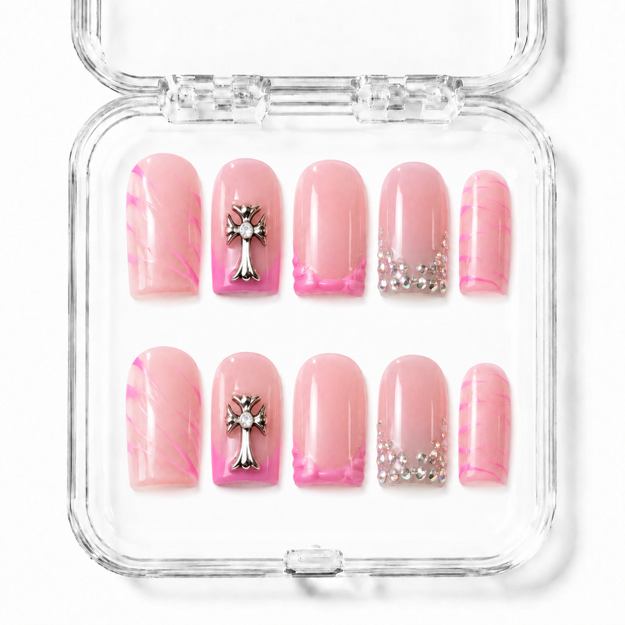 GAGUGAGU Pink Crystal Cross Press-On Nails for Concert Nights, Glossy False Nails for Birthday Party, Date Night and Weekend Style, S M L